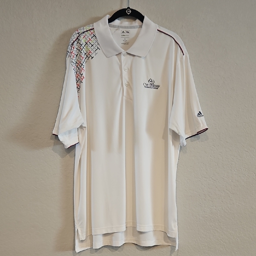 Adidas Men's White Accents Graphic Oyster Reef Hilton Head Island Golf Polo XL